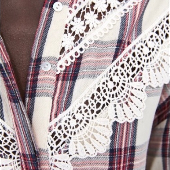 Zara Plaid Shirt Lace Trim Button Down Long Sleeve - Picture 6 of 9